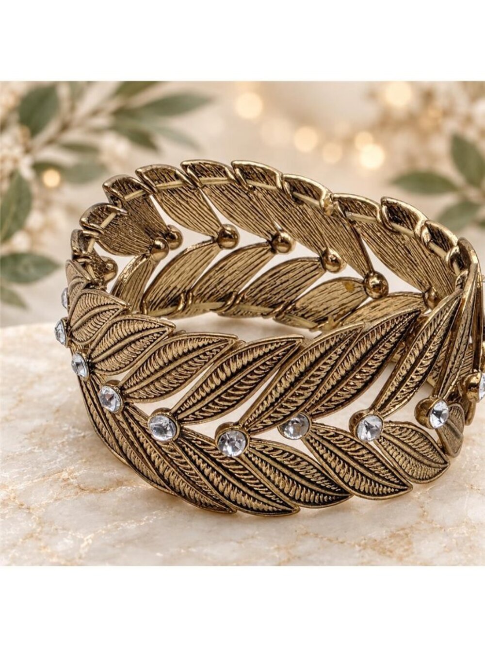 Gold Tone Leaf Laurel Clear Crystal Wide Stretch Bracelet Botanical Statement